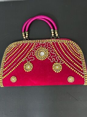 Vintage Embellished Fuchsia Velvet Evening Clutch Bag